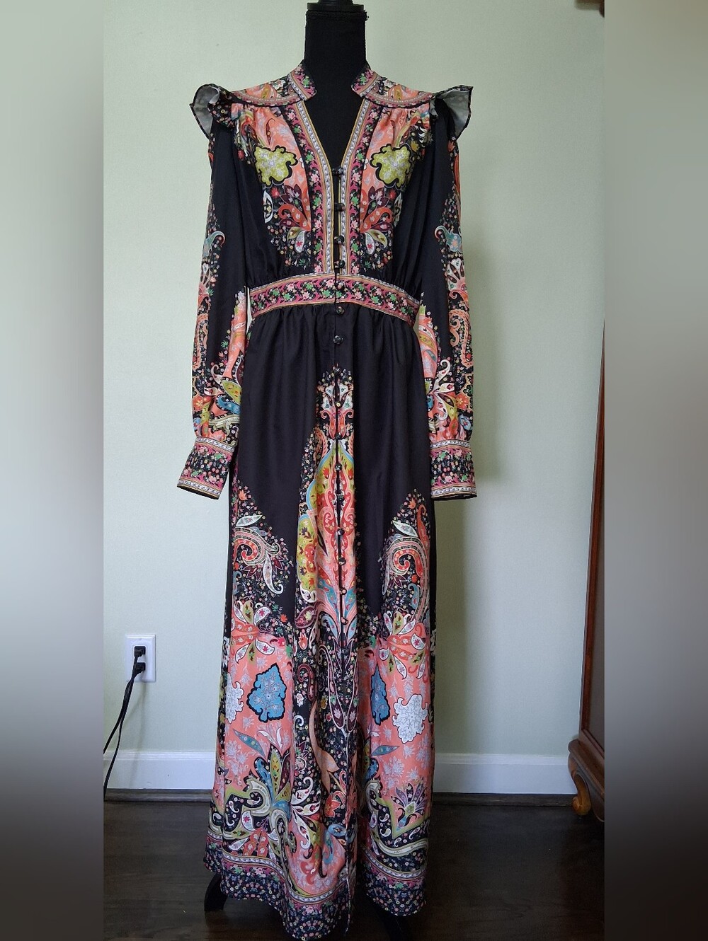 KAROLINA Colorful Floral Paisley Long Sleeve Button-Front Maxi Dress XL